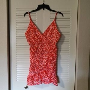 Red with White Flowers Surplice Ruffle Top with Adjustable Strap Size M